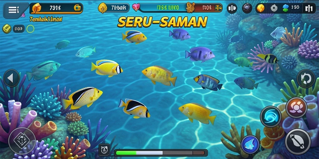 Screenshot permainan <strong>73K</strong> menampilkan aksi seru berburu ikan.