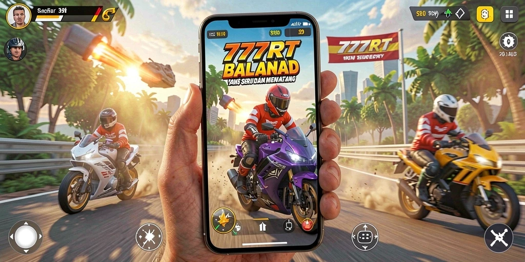 Screenshot gameplay 777RT menampilkan adrenalin balapan motor yang seru dan kompetitif.