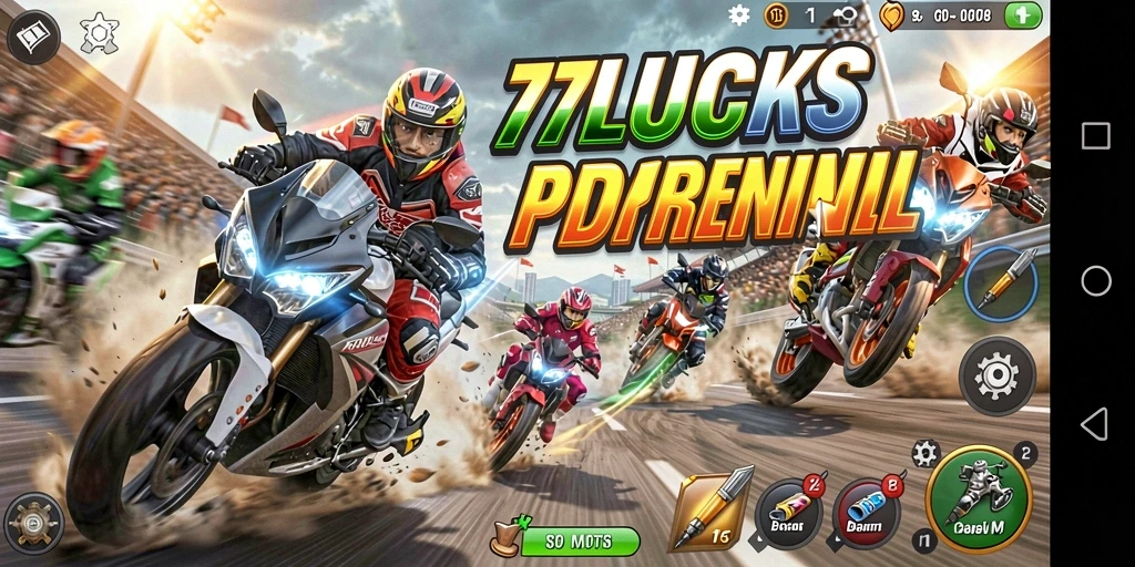 Screenshot gameplay 77LUCKS dengan motor balap sedang melaju kencang.