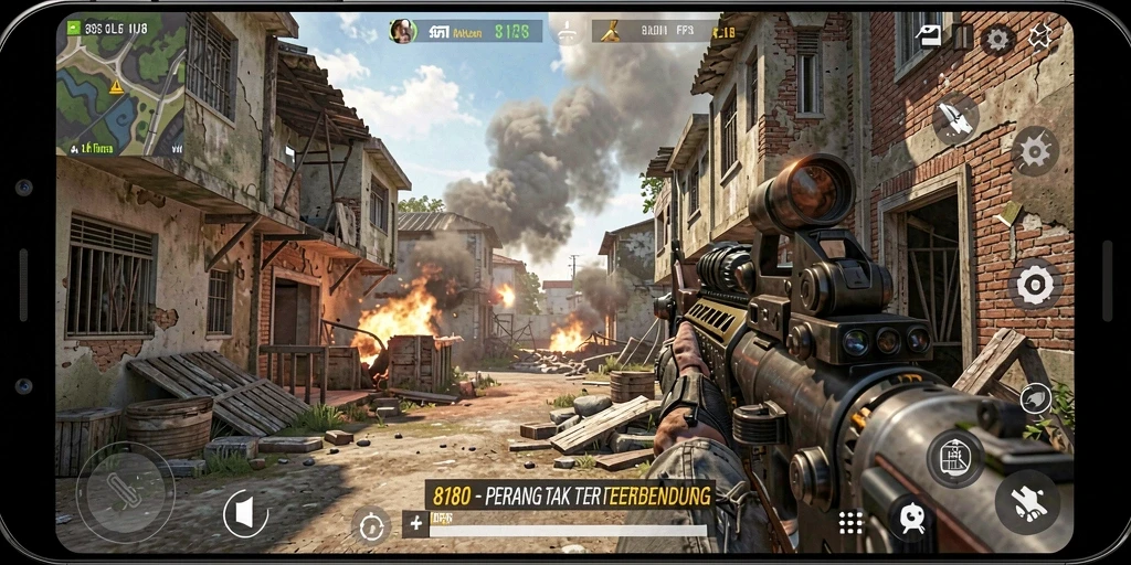 Screenshot menunjukkan pemain dalam aksi tembak-menembak di medan perang.