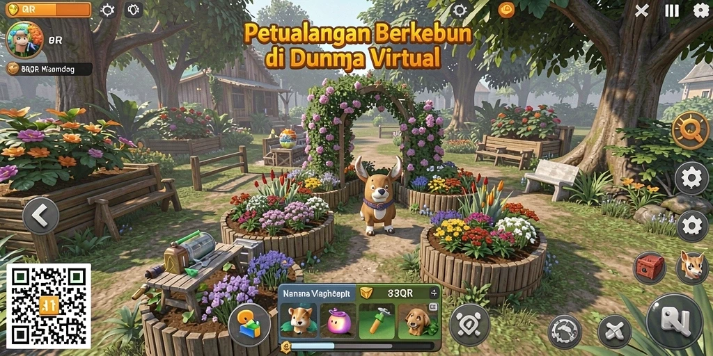 Screenshot gameplay 8QR menunjukkan petualangan berkebun yang seru dan interaktif.