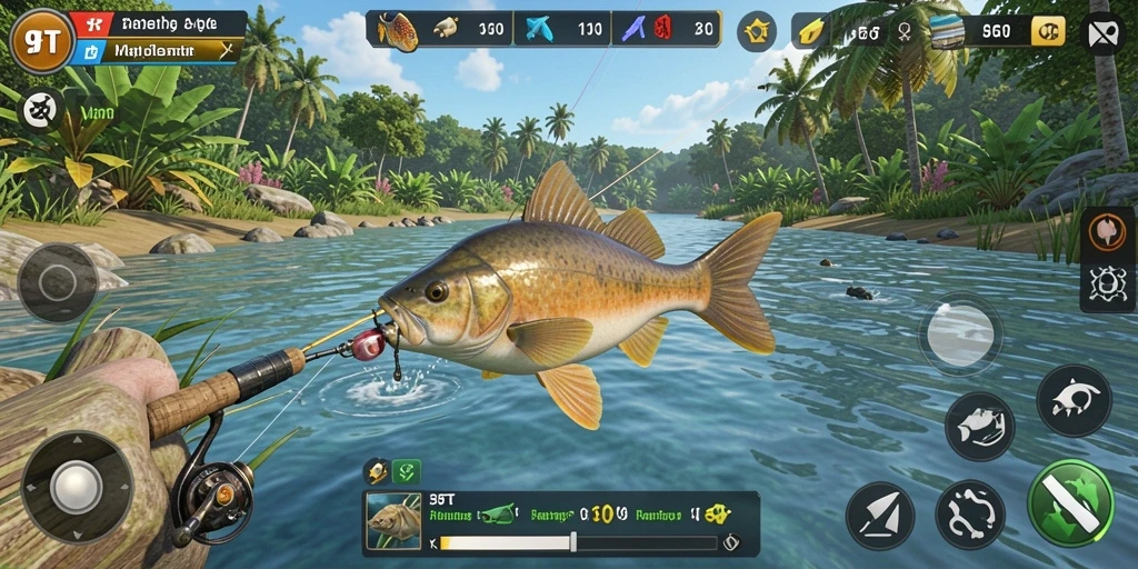 Tampilan gameplay 9ET: Memancing seru dengan banyak ikan dan tantangan.