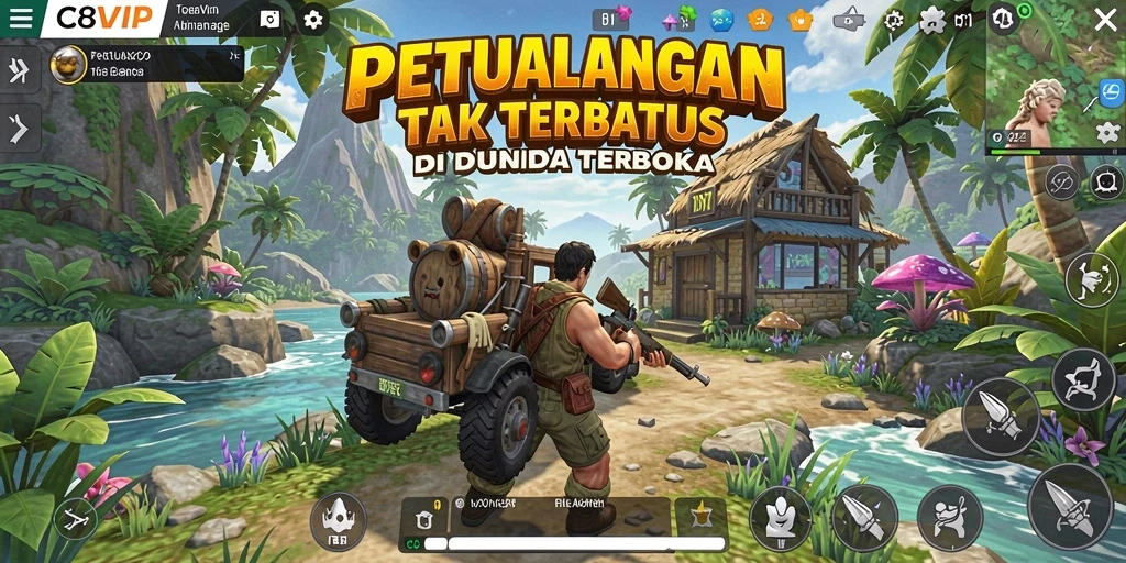 Tampilan gameplay C8VIP yang menampilkan petualangan dunia terbuka.