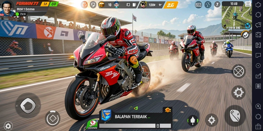 Screenshot gameplay FORWIN77 menunjukkan balapan motor yang mendebarkan.