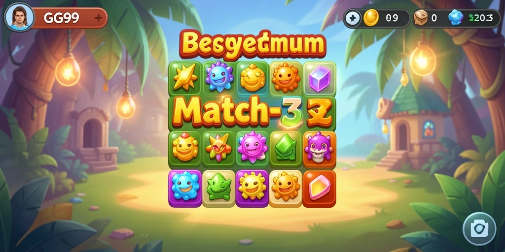 Screenshot GG99 menunjukkan grafis cerah dan gameplay match-3 yang seru.