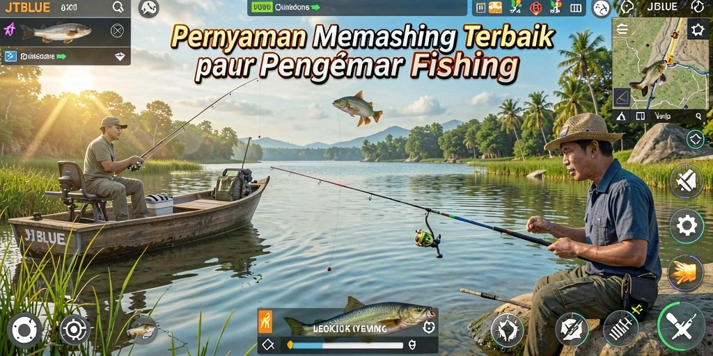 Screenshot JTBLUE menampilkan pemain menangkap ikan di perairan yang indah.