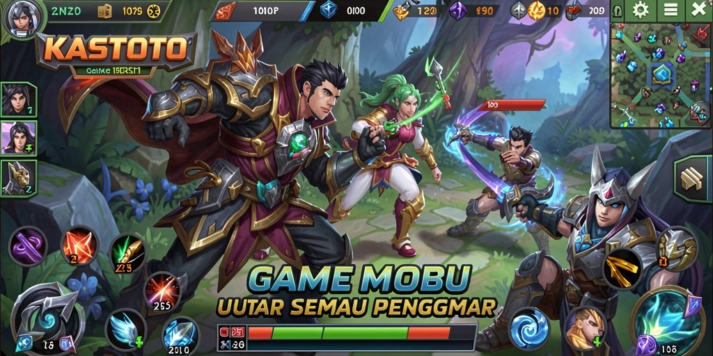 Screenshot utama KASTOTO menampilkan aksi gameplay seru dalam arena MOBA.