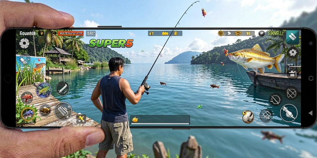 Tampilan gameplay memancing yang seru dan penuh tantangan di SUPER5.