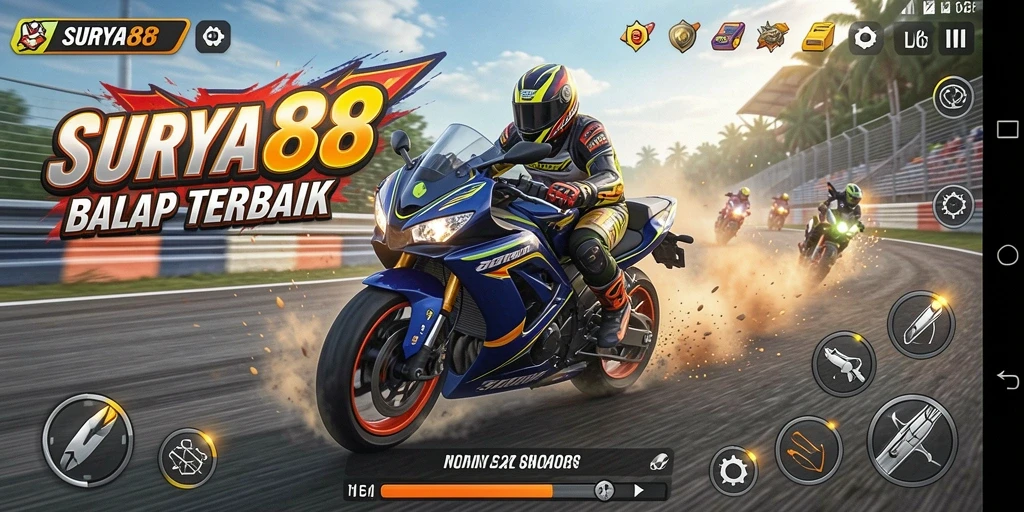 Tampilan gameplay SURYA88 dengan aksi balap motor yang mendebarkan.