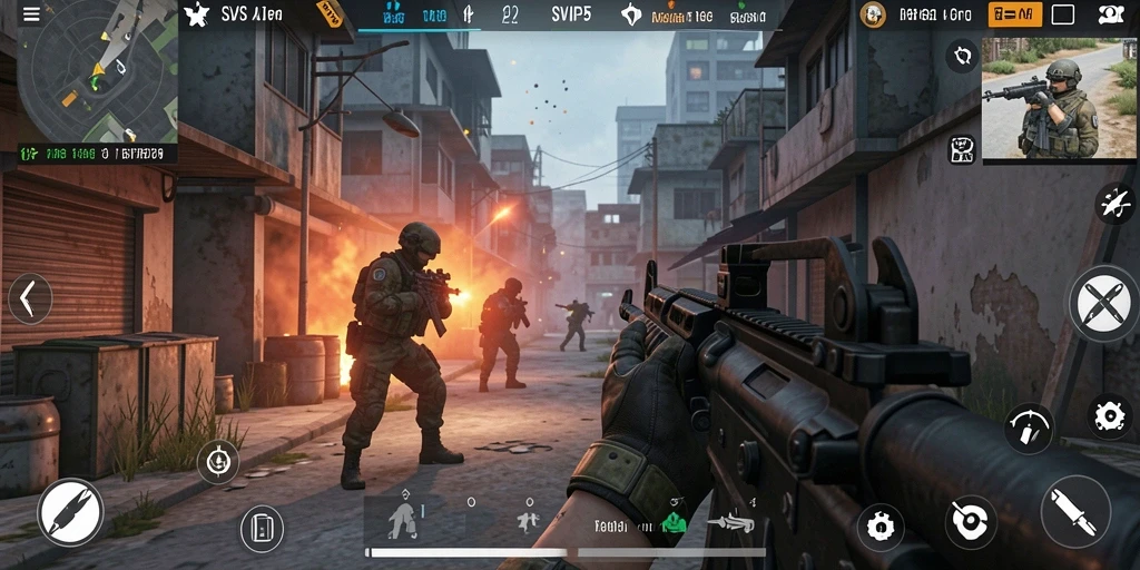 Screenshot gameplay SVIP5 menampilkan aksi menembak yang intens.